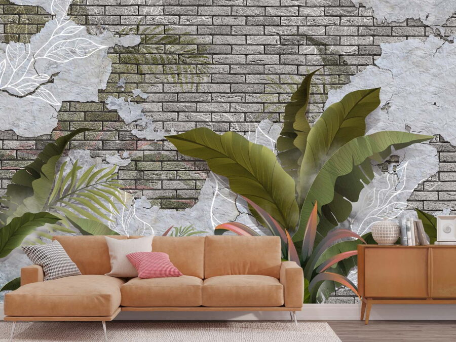 Brick wall with leaves and a brick wall