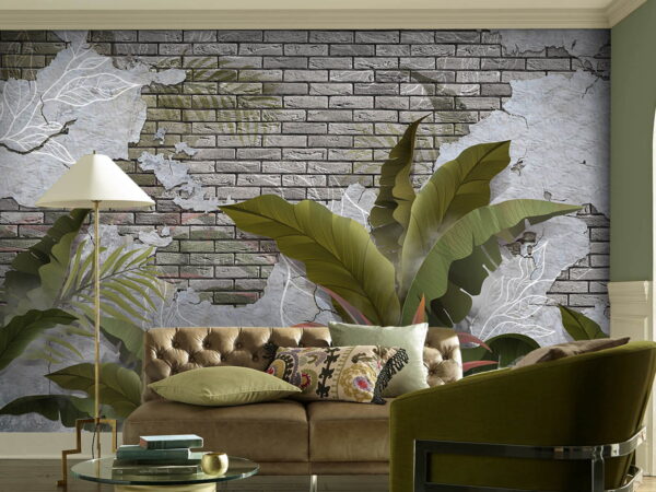 Brick wall with leaves and a brick wall Brick wall with leaves and a brick wall