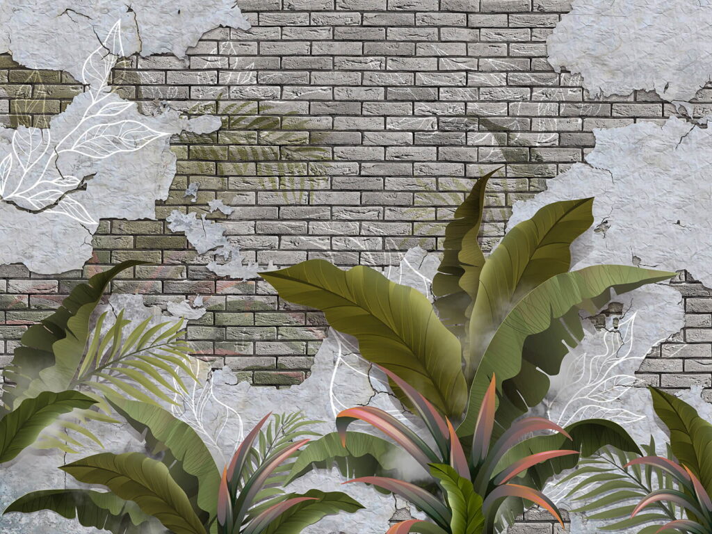 Brick wall with leaves and a brick wall Brick wall with leaves and a brick wall