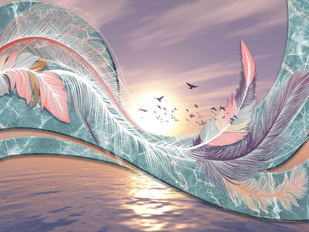 Colorful feathers and birds flying over water Colorful feathers and birds flying over water