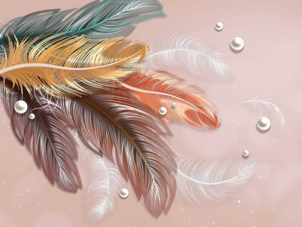 Group of colorful feathers and pearls Group of colorful feathers and pearls