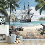 Wall murals Painting of a ship on a beach