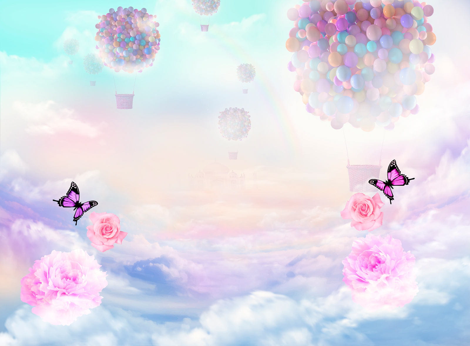 Group of balloons and butterflies in the sky