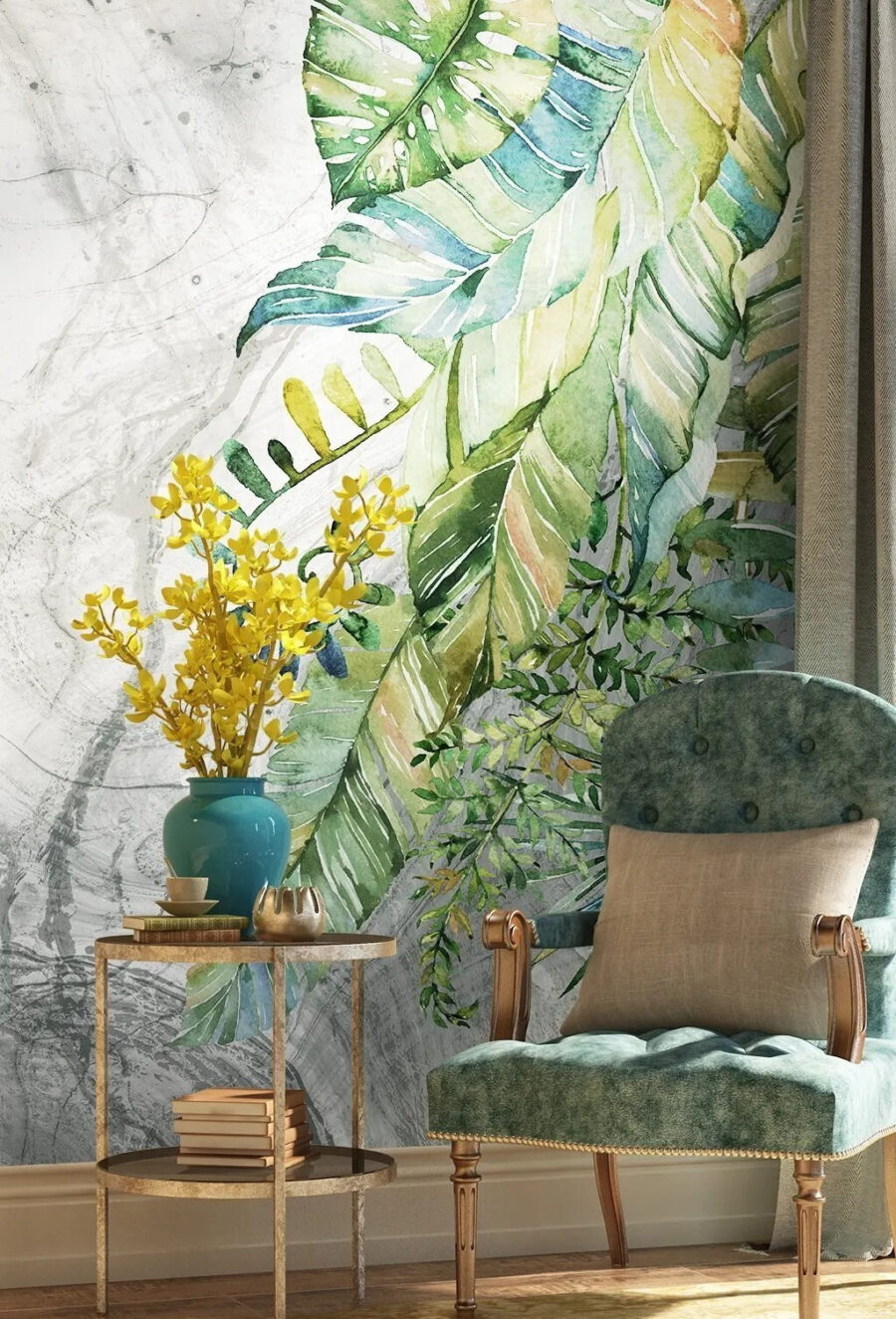 Painting of leaves on a marbled surface