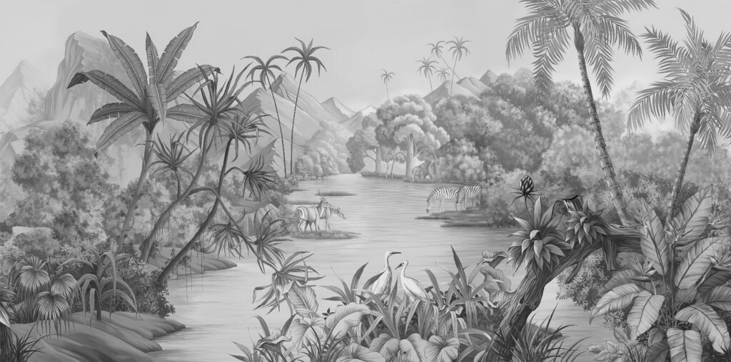 River with zebras and mountains River with zebras and mountains