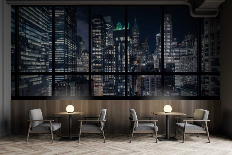 View of a city from a window at night