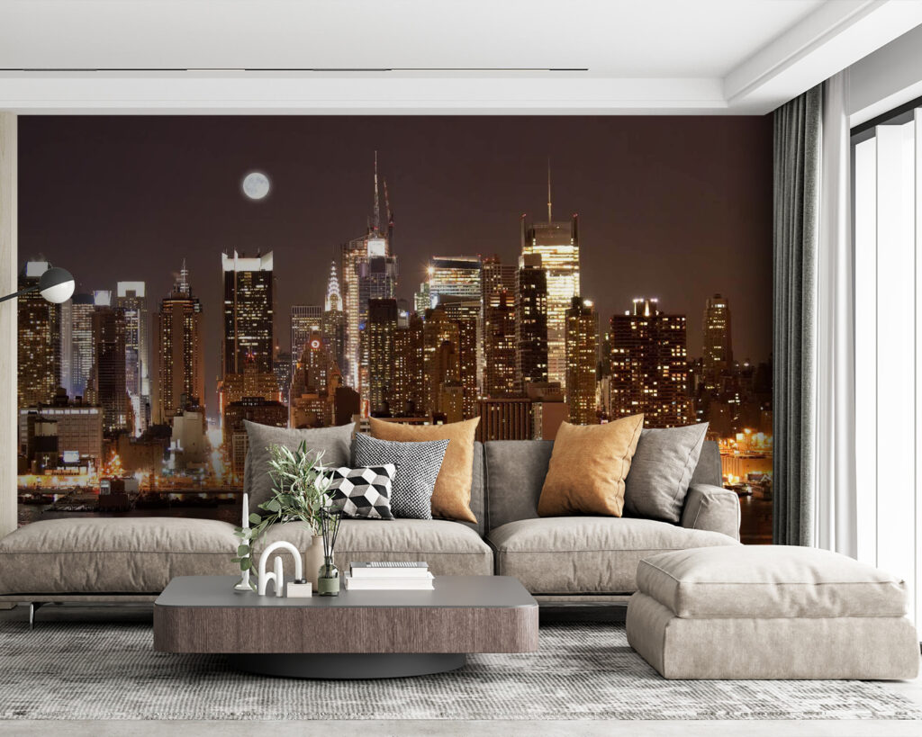 City skyline at night with the moon in the sky City skyline at night with the moon in the sky