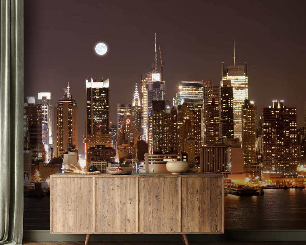 City skyline at night with the moon in the sky City skyline at night with the moon in the sky