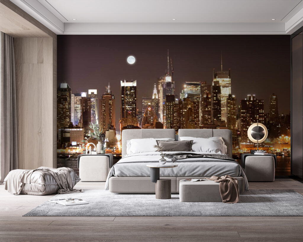 City skyline at night with the moon in the sky City skyline at night with the moon in the sky