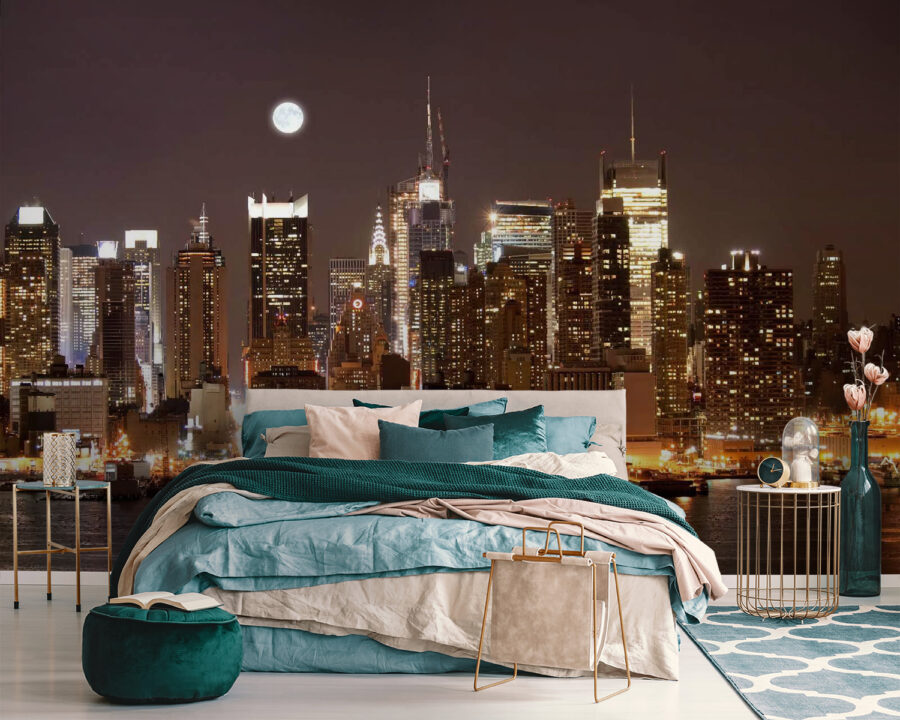 City skyline at night with the moon in the sky City skyline at night with the moon in the sky