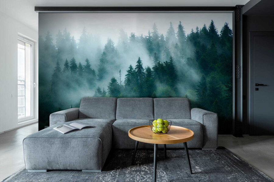 Wall murals Foggy forest with trees