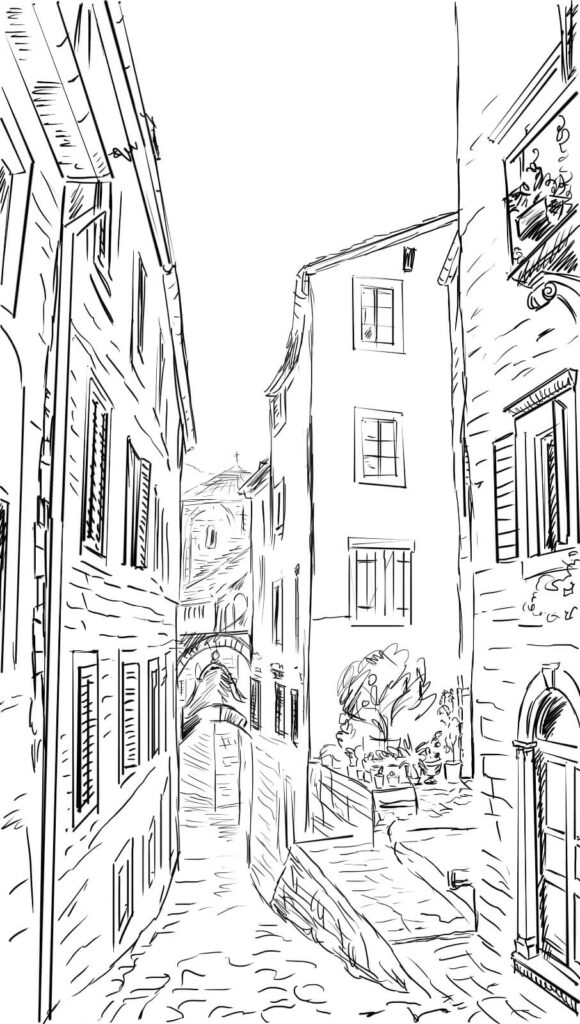 Drawing of a street with buildings Drawing of a street with buildings
