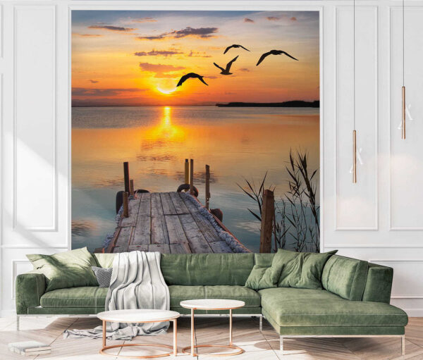 Dock with birds flying over water Dock with birds flying over water