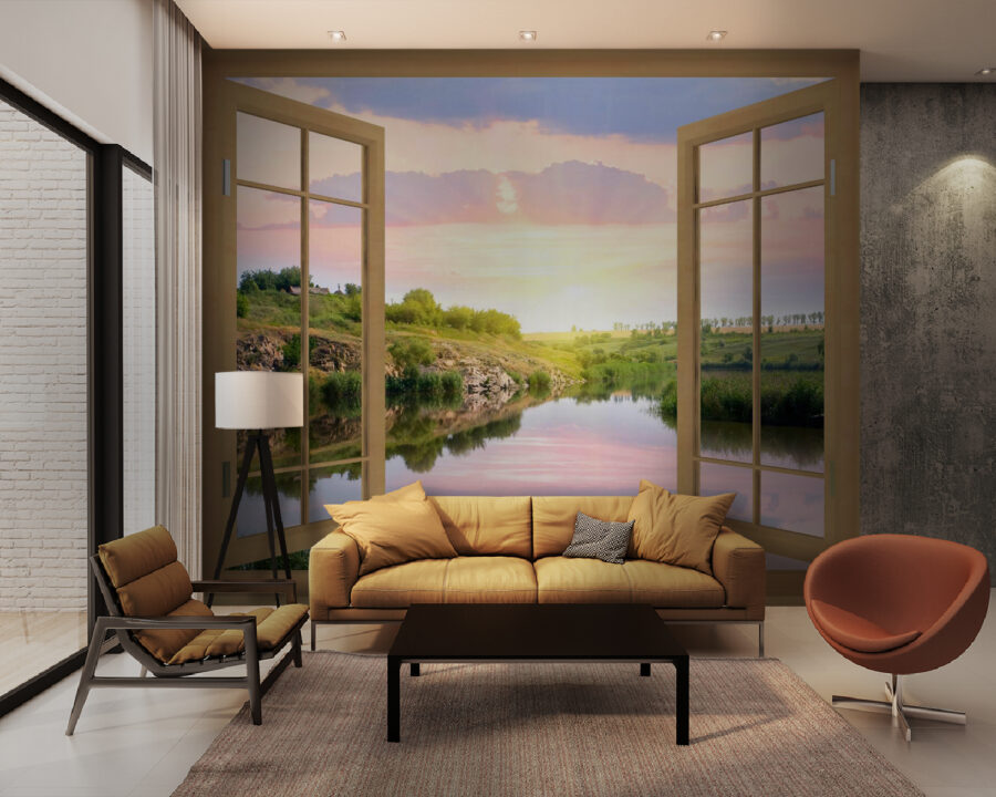 Window with a view of a river and a grassy hill Window with a view of a river and a grassy hill