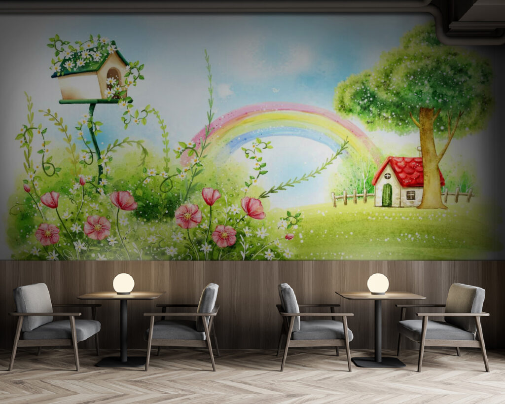 Rainbow and flowers in a green field