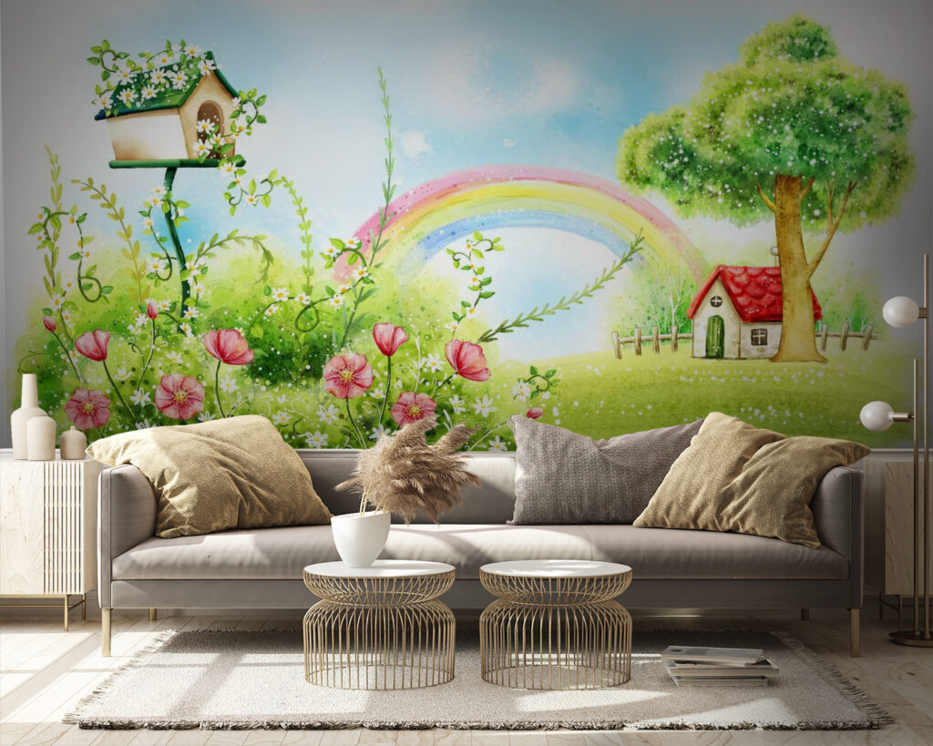 Rainbow and flowers in a green field