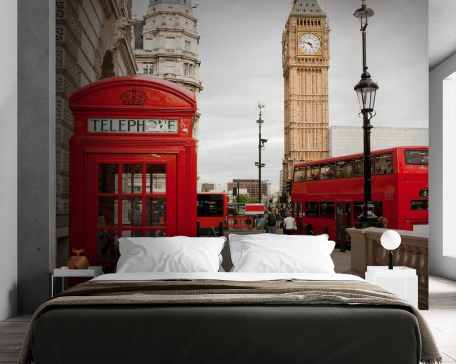 Red telephone booth in a city
