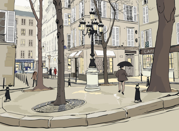 Person walking on a sidewalk with an umbrella Person walking on a sidewalk with an umbrella