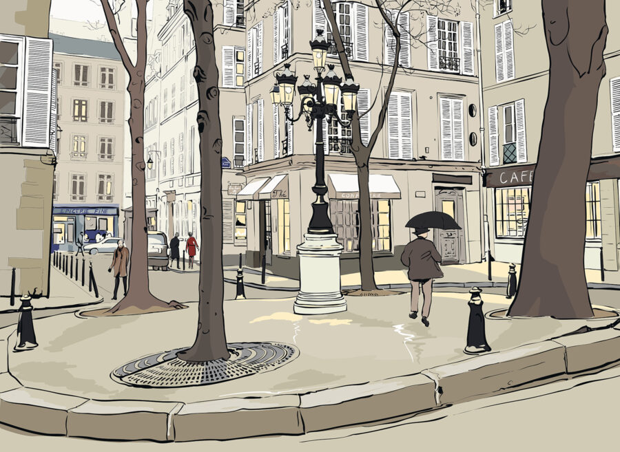 Person walking on a sidewalk with an umbrella Person walking on a sidewalk with an umbrella