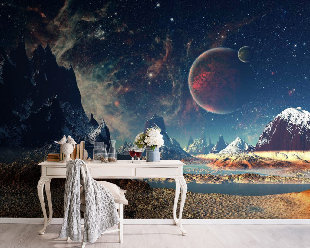 Landscape of mountains and water with planets and stars