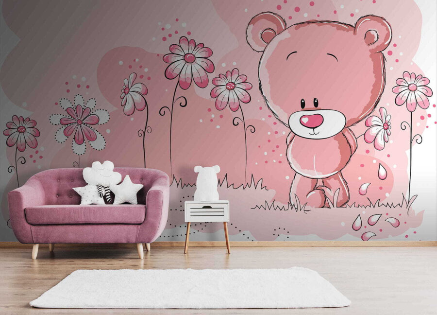 Pink teddy bear with flowers
