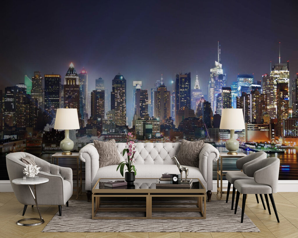 City skyline at night with lights reflecting on water City skyline at night with lights reflecting on water