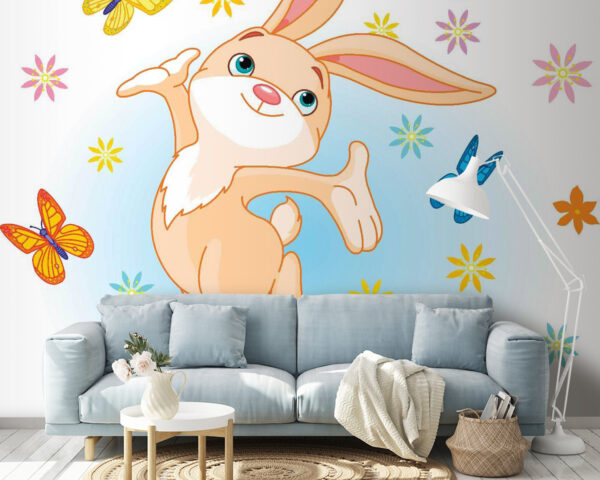 Cartoon of a rabbit jumping in the air with butterflies Cartoon of a rabbit jumping in the air with butterflies