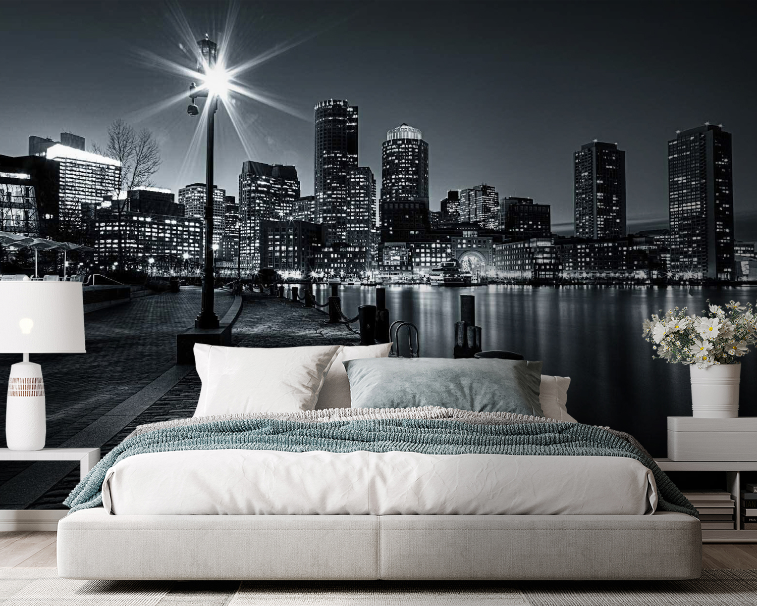 A city skyline with lights on the water u54150pib105m - A city skyline with lights on the water - tegory