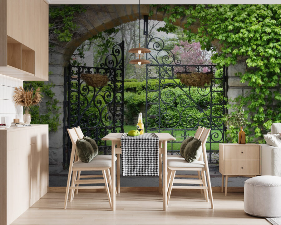 Wall murals Gate with a stone arch and a green lawn - Image 3