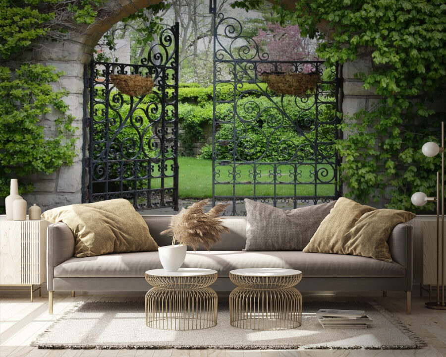 Wall murals Gate with a stone arch and a green lawn