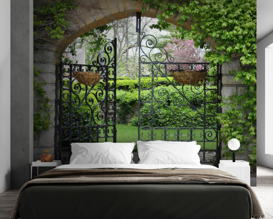 Wall murals Gate with a stone arch and a green lawn - Image 2