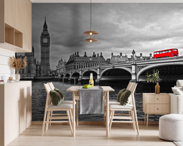Bridge over water with a clock tower and a red bus Bridge over water with a clock tower and a red bus