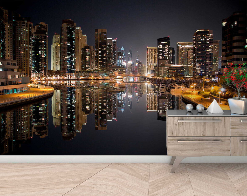 City skyline with lights reflecting on water City skyline with lights reflecting on water