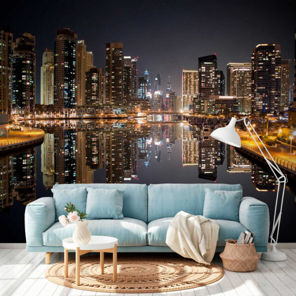 City skyline with lights reflecting on water City skyline with lights reflecting on water