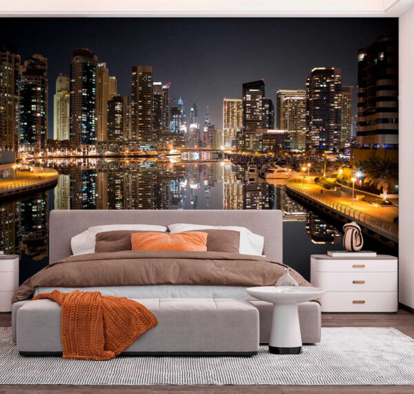 City skyline with lights reflecting on water City skyline with lights reflecting on water