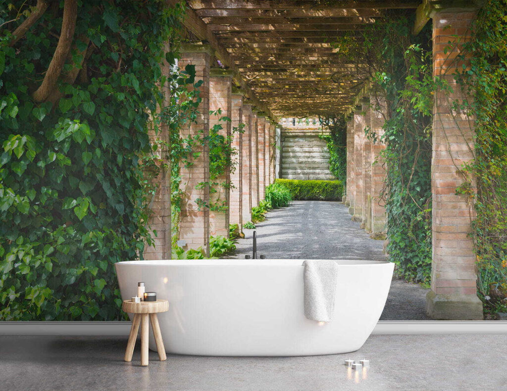 Walkway with stone pillars and vines Walkway with stone pillars and vines