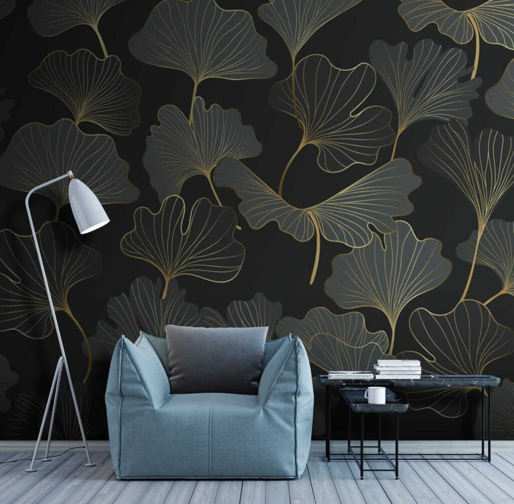 Pattern of leaves on a black background