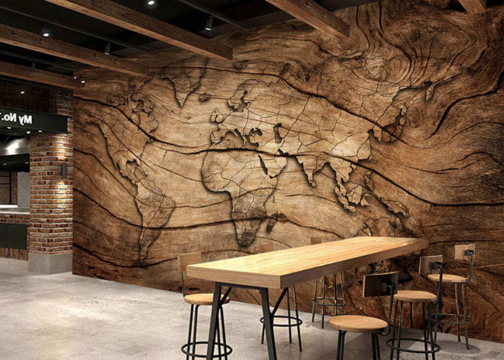 Map of the world on a piece of wood