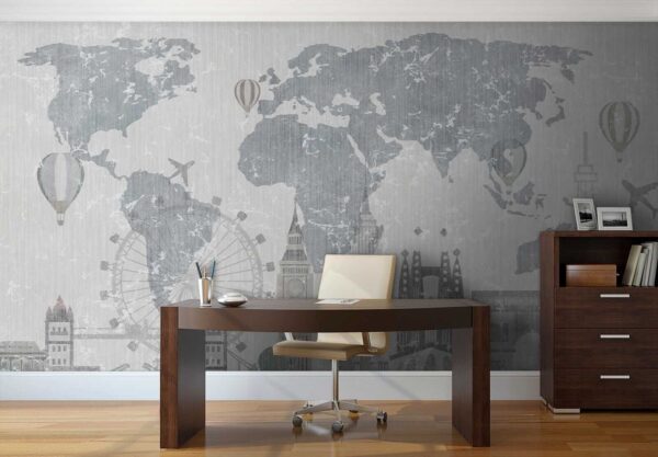 Map of the world with buildings and a ferris wheel