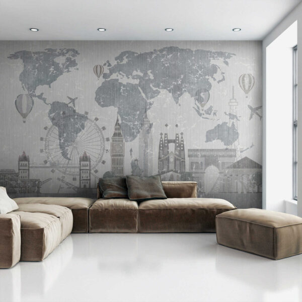 Map of the world with buildings and a ferris wheel