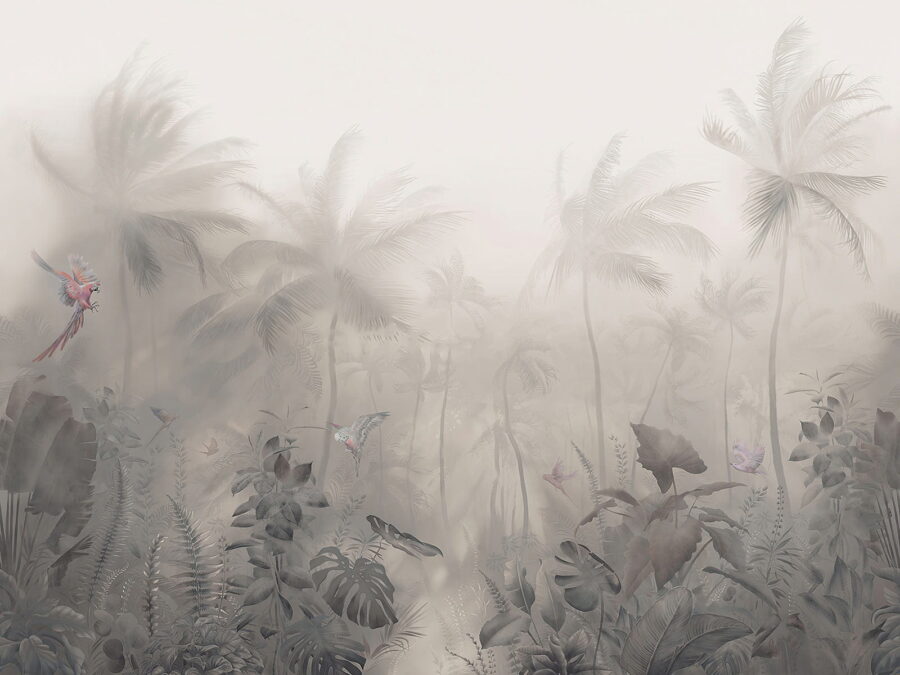 Foggy forest with palm trees and butterflies