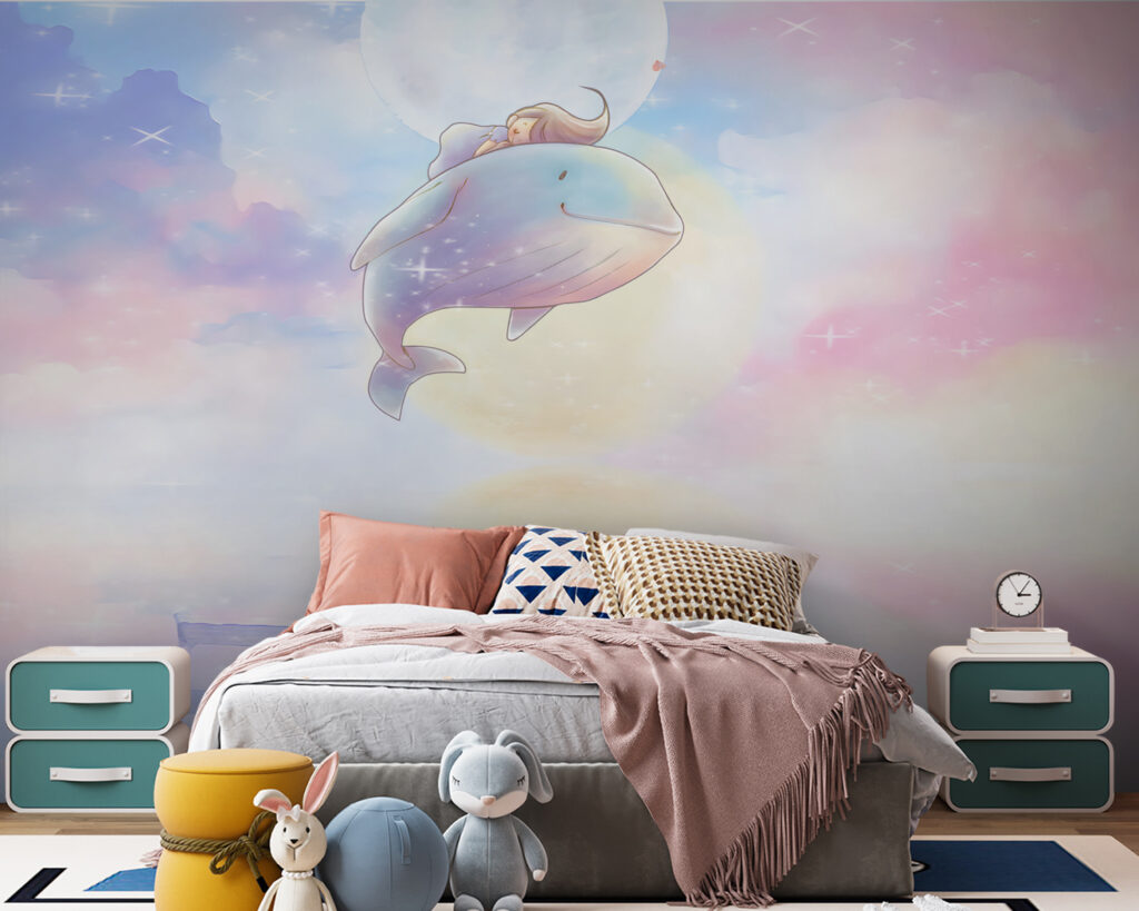 Cartoon of a girl riding a whale