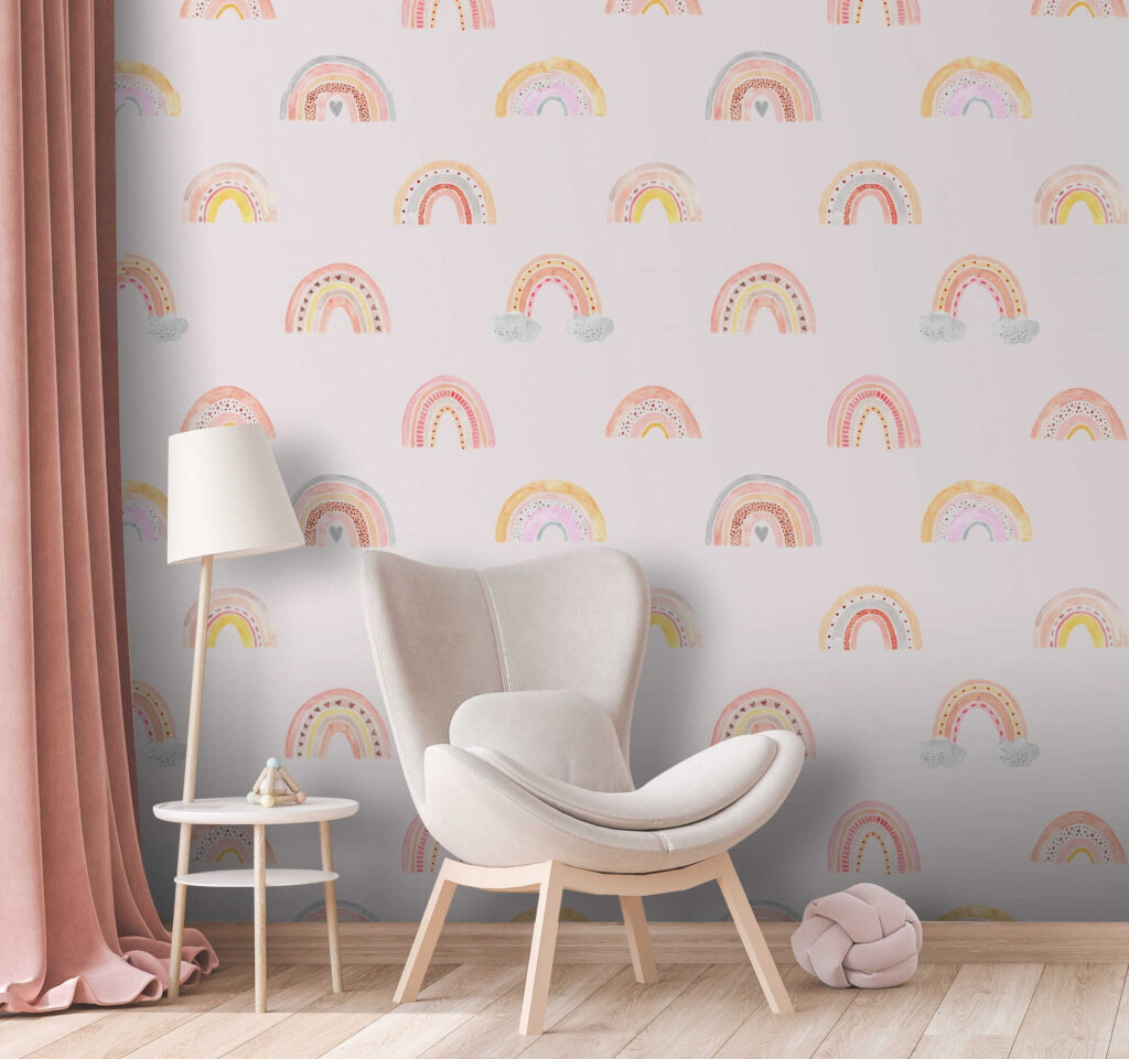 Pattern of rainbows on a white background