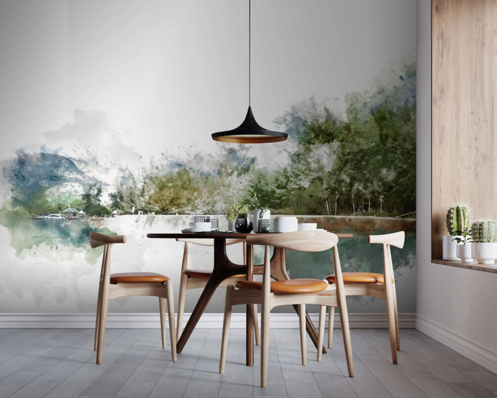 Watercolor of a lake with trees and mountains in the background u51105pik1m - Watercolor of a lake with trees and mountains in the background - tegory