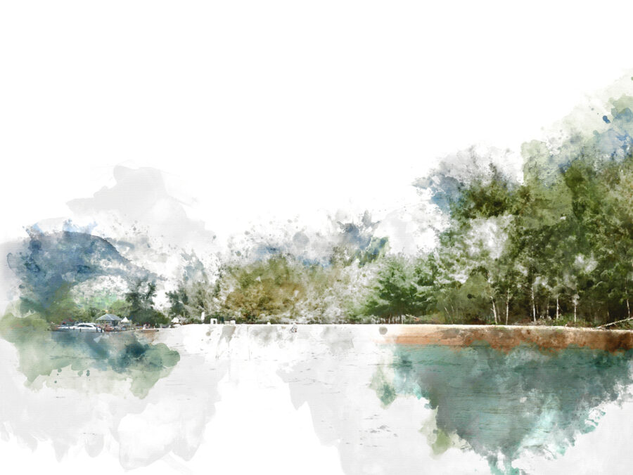 Watercolor of a lake with trees and mountains in the background