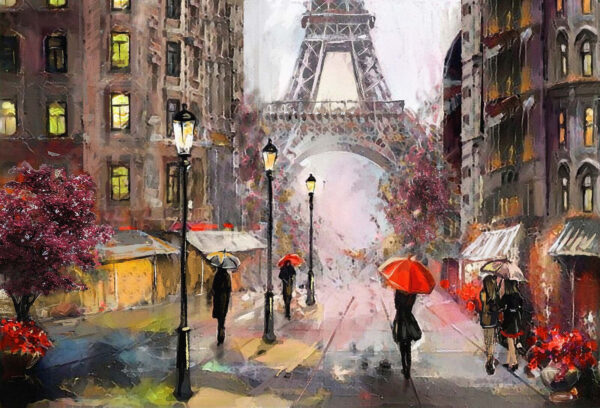 Painting of people walking in the rain with umbrellas Painting of people walking in the rain with umbrellas