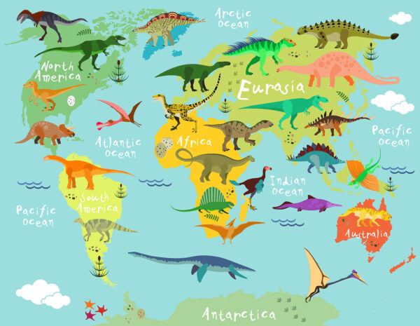 Map of dinosaurs with white text Map of dinosaurs with white text