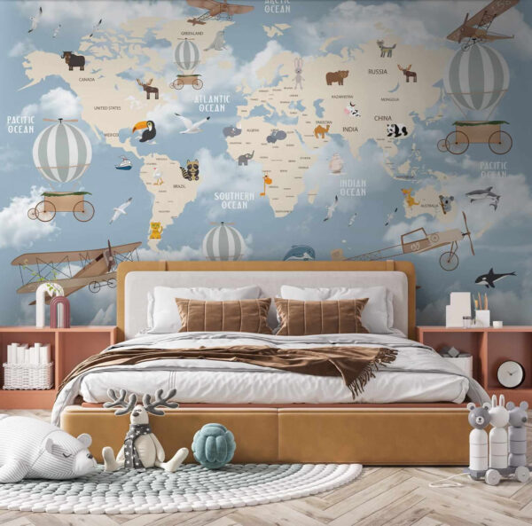 Map of the world with different animals and birds