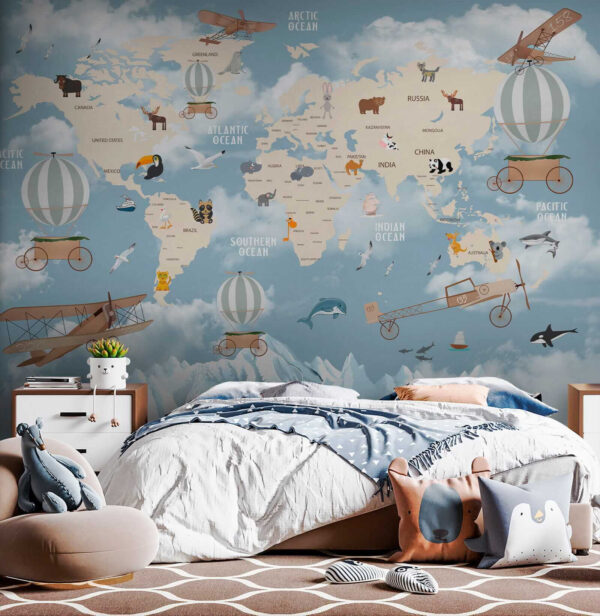 Map of the world with different animals and birds