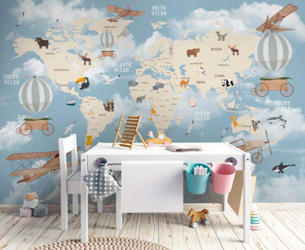 Map of the world with different animals and birds